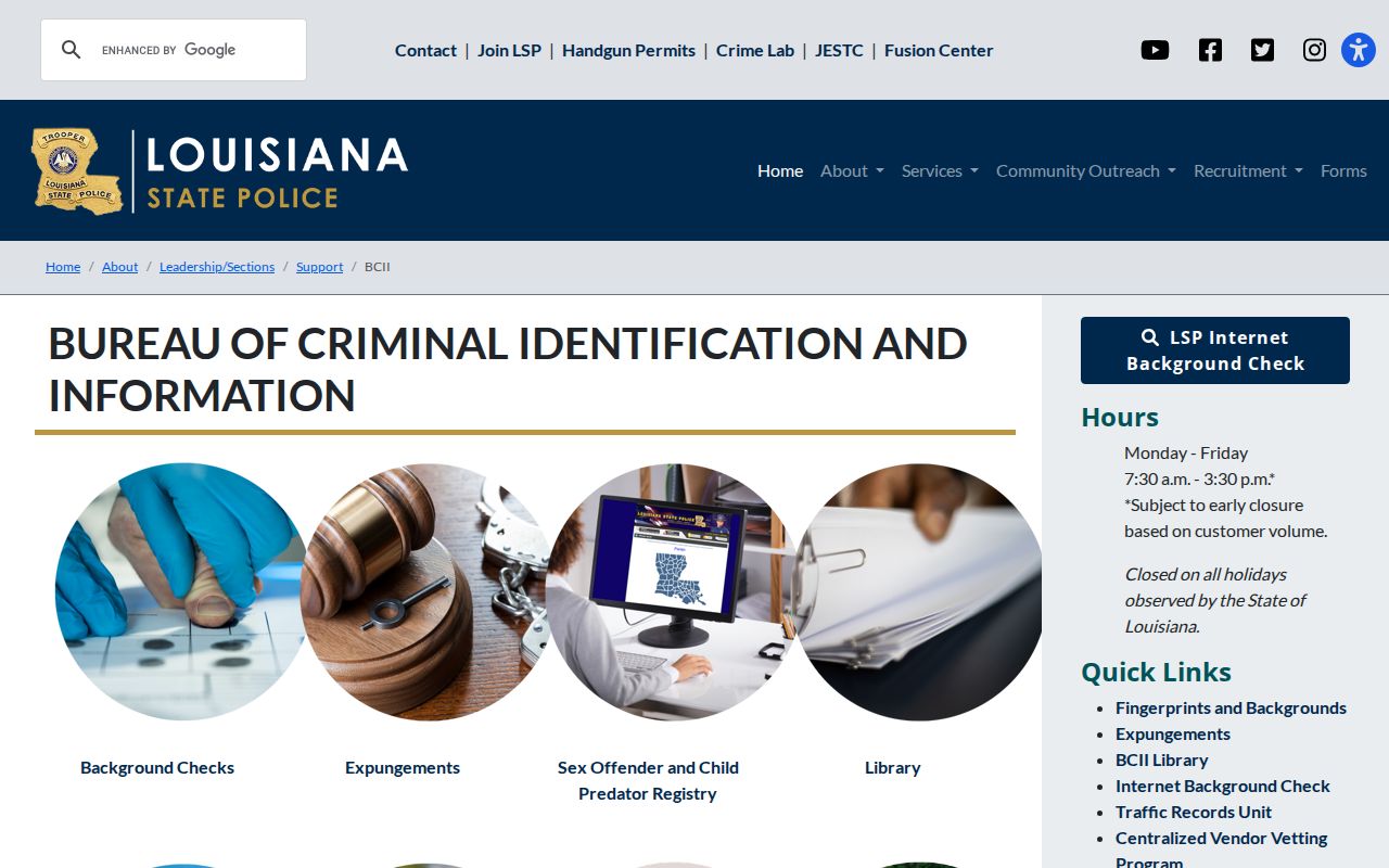 Louisiana BCII criminal history repository service page