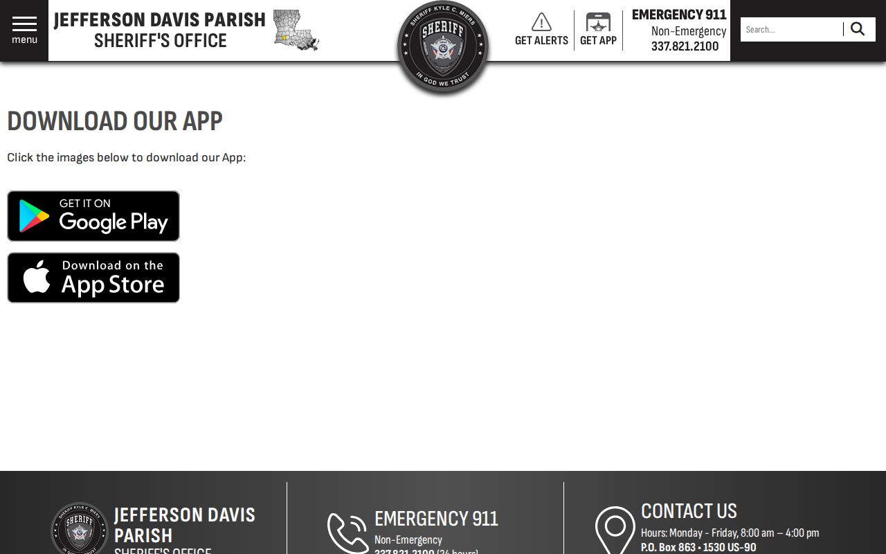 Jefferson Davis Parish Sheriff mobile application page