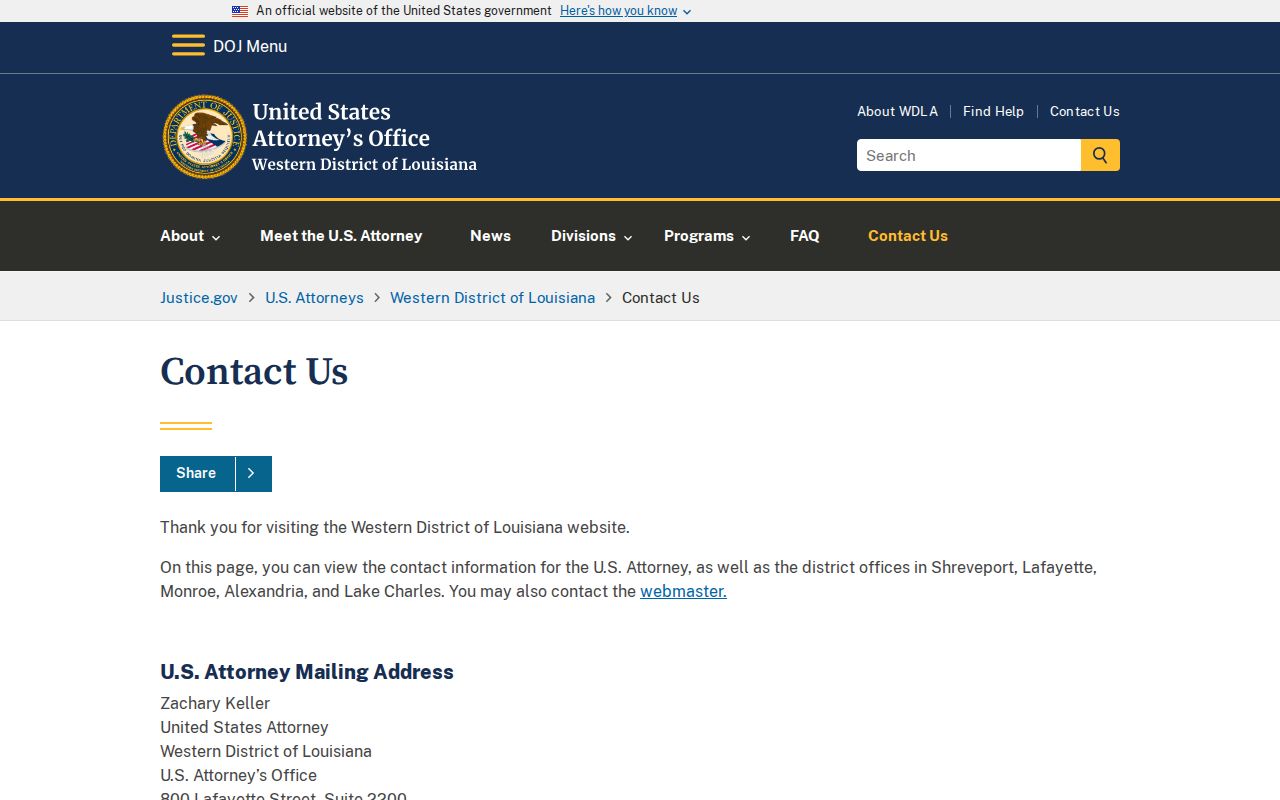 Western District of Louisiana federal office contacts