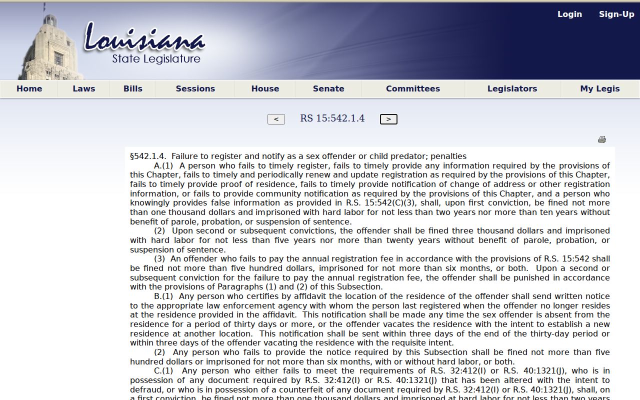 Louisiana failure to register penalties statute