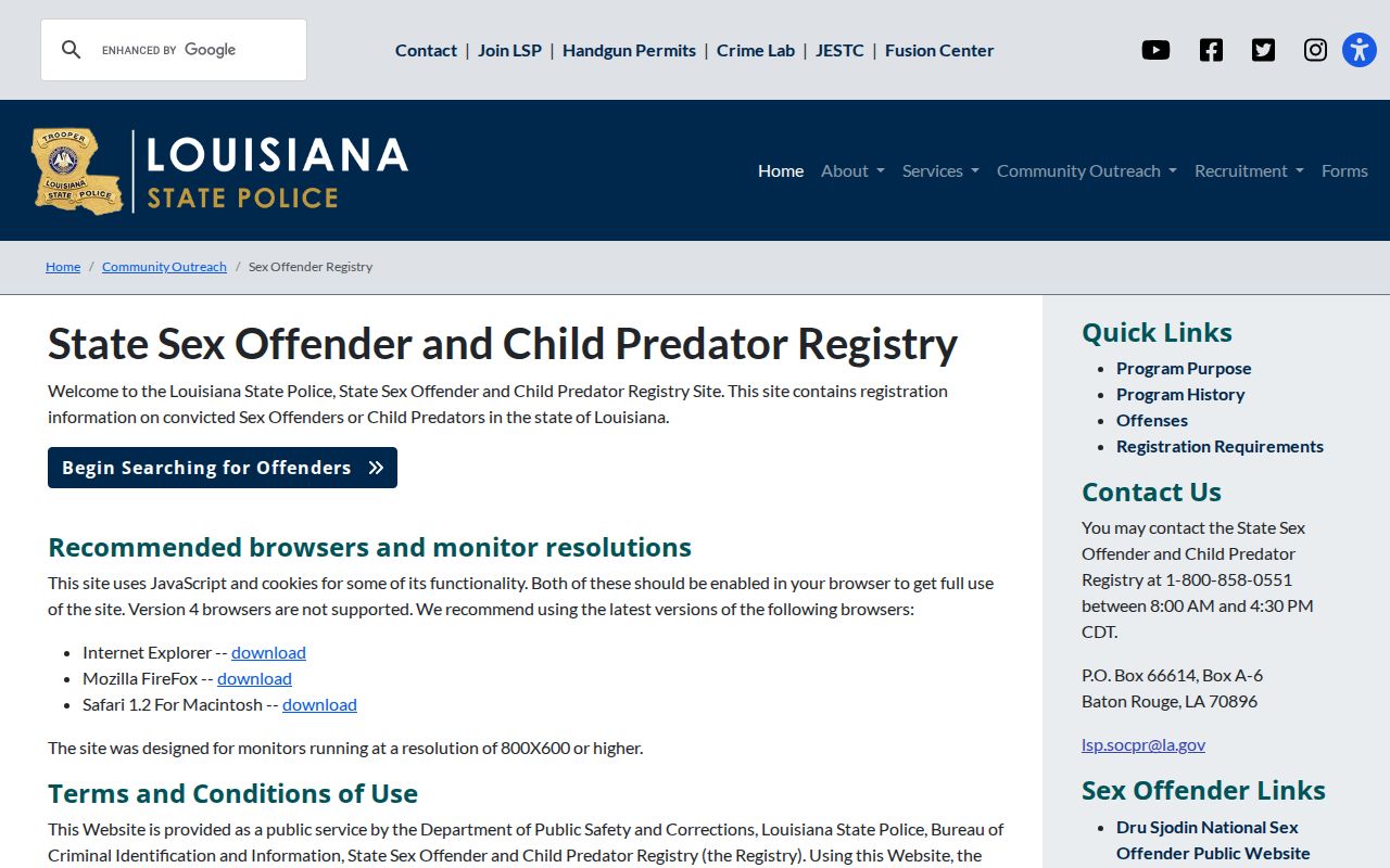 Louisiana State Sex Offender and Child Predator Registry gateway